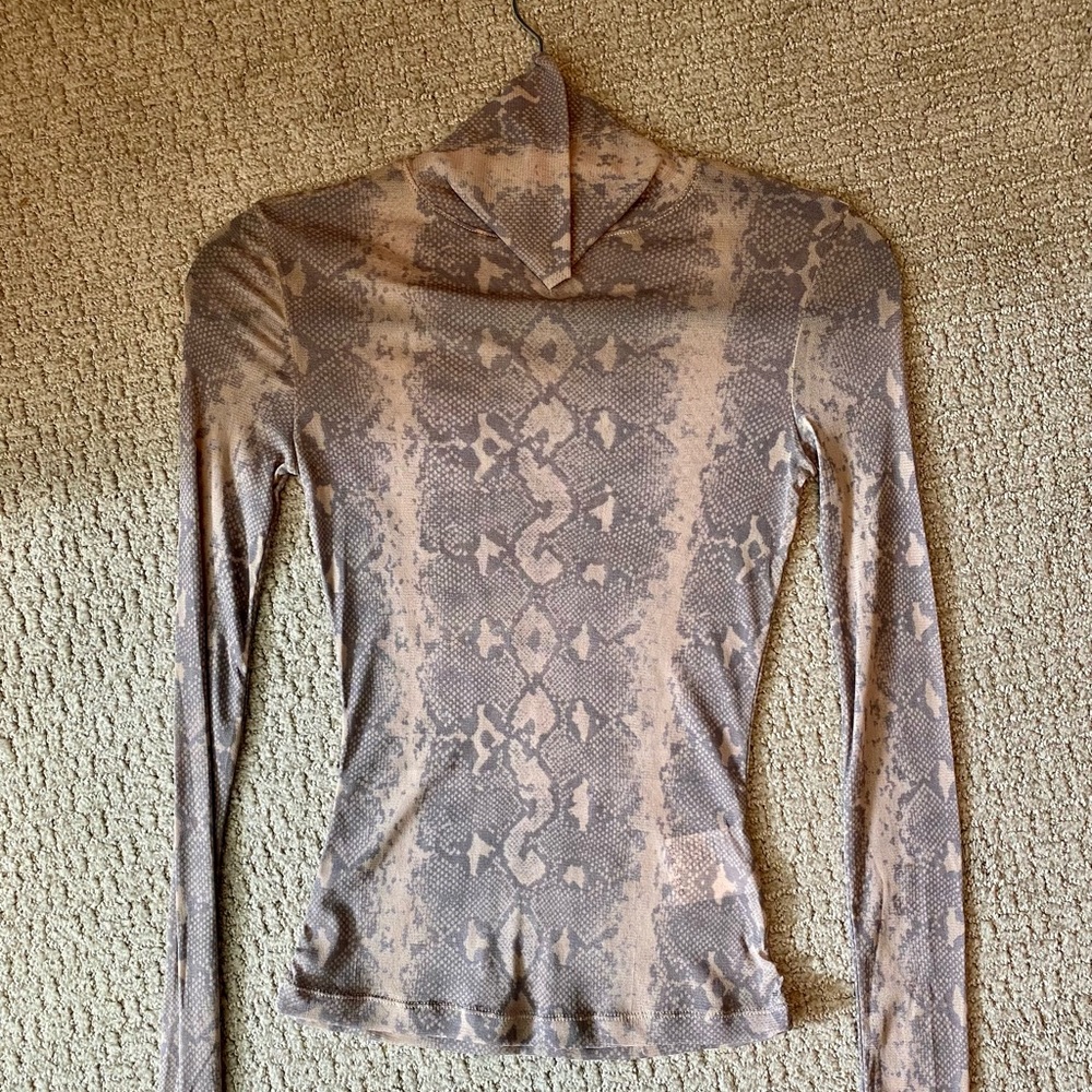 Beige Snake Skin Long Sleeve Sheer Turtleneck Blouse or Evening Top, XS/S, KSUBI